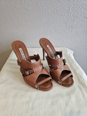 Manolo Blahnik Brown Leather Buckle Open Toe High Heel Mules 36.5